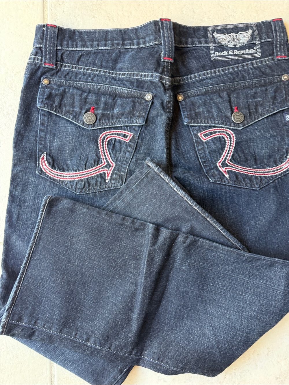 Rock & Republic Dark Blue Jeans with Red Accent Stitching